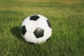 Classic soccer ball, typical black and white pattern, placed on the spot of stadium turf. Traditional football ball on the green Royalty Free Stock Photo