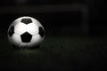 Classic soccer ball  with typical black and white pattern, placed on stadium turf. Traditional football ball on the green grass Royalty Free Stock Photo