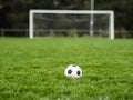 Classic soccer of football ball on the dark green grass field in focus. Goal post out of focus in the background. World wide