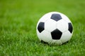 Classic Soccer Football Ball on Soccer Pitch. Green Grass Soccer Field Royalty Free Stock Photo