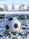Classic soccer of football on frozen grass by goal post net covered in frost or ice. Winter cold season time