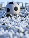Classic soccer of football on frozen grass by goal post net covered in frost or ice. Winter cold season time
