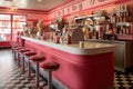 classic soda fountain counter with checkerboard flooring