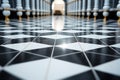 Classic sophistication, black and white checkerboard pattern adorns marble floor