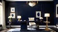 Classic Sophistication: Home Office with Refined Midnight Blue, Elegant Ivory, and Touches of Luxurious Gold