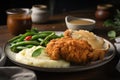 classic southern fried chicken dinner with mashed potatoes, gravy and green beans Royalty Free Stock Photo