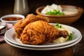 classic southern fried chicken dinner, served with mashed potatoes, gravy and roll Royalty Free Stock Photo