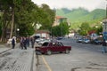 Classic soviet vintage sedan car LADA VAZ parked on street of ancient historic city Sheki