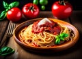 Ai Generative Classic Spaghetti with Tomato Sauce and Fresh Basil on Rustic Wooden Plate
