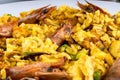 Classic Spanish dish. Spanish paella with prawns, octopus, squid, mussels, onion, tomato, garlic, olive oil and lemon. Assembled Royalty Free Stock Photo