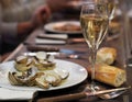 Classic spanish lunch - white wine, bread and mussels Royalty Free Stock Photo