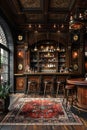 Classic speakeasy with hidden doors dark wood paneling