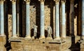 Classic statues and Greek and Roman columns from the Roman Theater of Merida Royalty Free Stock Photo