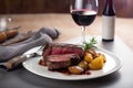 classic steak and potatoes dinner, served on white plate with red wine Royalty Free Stock Photo