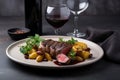 classic steak and potatoes dinner, served on white plate with red wine Royalty Free Stock Photo