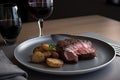 classic steak and potatoes dinner, served on white plate with red wine