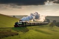 classic steam train chugging through the countryside, with rolling hills and pastel skies Royalty Free Stock Photo