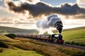 classic steam train chugging through the countryside, with rolling hills and pastel skies