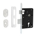 Classic steel-colored twist-lock mortise lock with rectangular bolt and black body and striker and decorative strips
