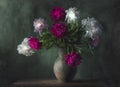 Classic still life with beautiful white and purple peony flowers bouquet in ancient jug. Art photography