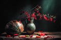 Classic still life with big striped pumpkin, beautiful Berberis barberry branch with red berries in ancient vintage jug and hot