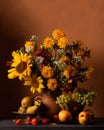 Classic still life with a bouquet of autumn flowers and ripe fruits Royalty Free Stock Photo