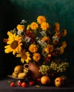 Classic still life with a bouquet of autumn flowers and ripe fruits Royalty Free Stock Photo