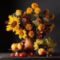 Classic still life with a bouquet of autumn flowers and ripe fruits Royalty Free Stock Photo