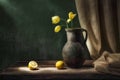 Classic still life with bouquet of three yellow tulip flowers in old vintage jug, two cut lemon fruits and drapery in beam of