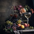 Classic still life with fruits and wine