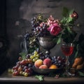 Classic still life with fruits and wine