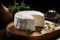 Classic still life: goat cheese and herbs on a rustic wooden table