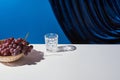 Classic still life with grape, glass on white table near velour curtain isolated on blue