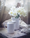 Classic still life with tender daffodils in a white vase, faded colors