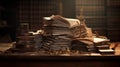 Classic still life with vintage books placed on wooden table generative ai