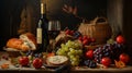 Classic still life with wine, fruit, and bread inspired by dutch masters for sale