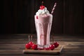 classic strawberry milkshake, topped with whipped cream and cherry