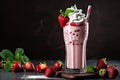 classic strawberry milkshake, topped with whipped cream and cherry