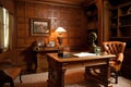 classic study with ornate desk, leather chair and wood-paneled walls