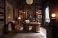 classic study with ornate desk, leather chair and wood-paneled walls