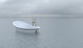 A classic-style bathtub floats on the surface of a calm sea or ocean in cloudy foggy weather. Conceptual creative illustration