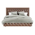 Classic-style bed with brown quilted leather upholstery and gray-white bedding on a white background. 3d rendering