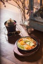 Classic style breakfast hot pan eggs