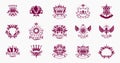 Classic style De Lis and crowns emblems big set, lily flower symbol ancient heraldic awards and labels collection, classical