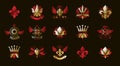 Classic style De Lis and crowns emblems big set, lily flower symbol ancient heraldic awards and labels collection, classical