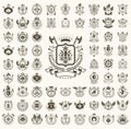 Classic style emblems big set, ancient heraldic symbols awards and labels collection, classical heraldry design elements, family