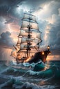 The Classic style Historical Sailing Ship\'s Progress through a Stormy and Lightning filled Sky on a Choppy Sea. AI generated