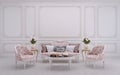 Classic style living room interior.Sofa,armchair,white wall with moulding. Royalty Free Stock Photo