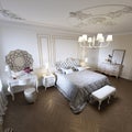 Classic style luxury bedroom interior in beige colors with boudoir and window