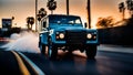 Classic style retro vintage 4x4 british classic jeep SUV motion as it speeds through sunset avenue Royalty Free Stock Photo